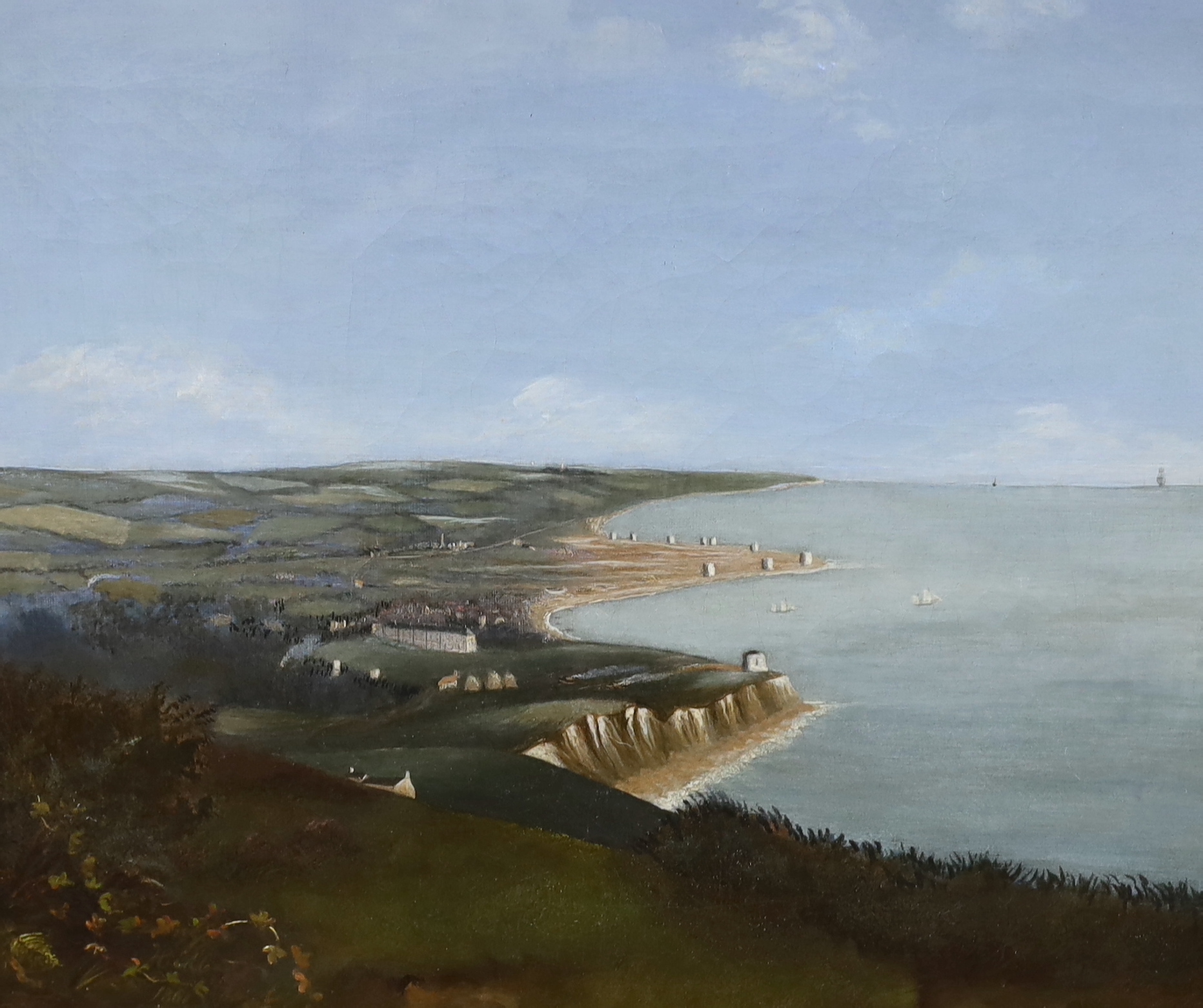 19th century English School, oil on canvas, View of Eastbourne from the Downs, signed initials H.M. and dated 1861 (possibly Henry Maidment), 34 x 29cm. Provenance: Eastbourne Fine Art